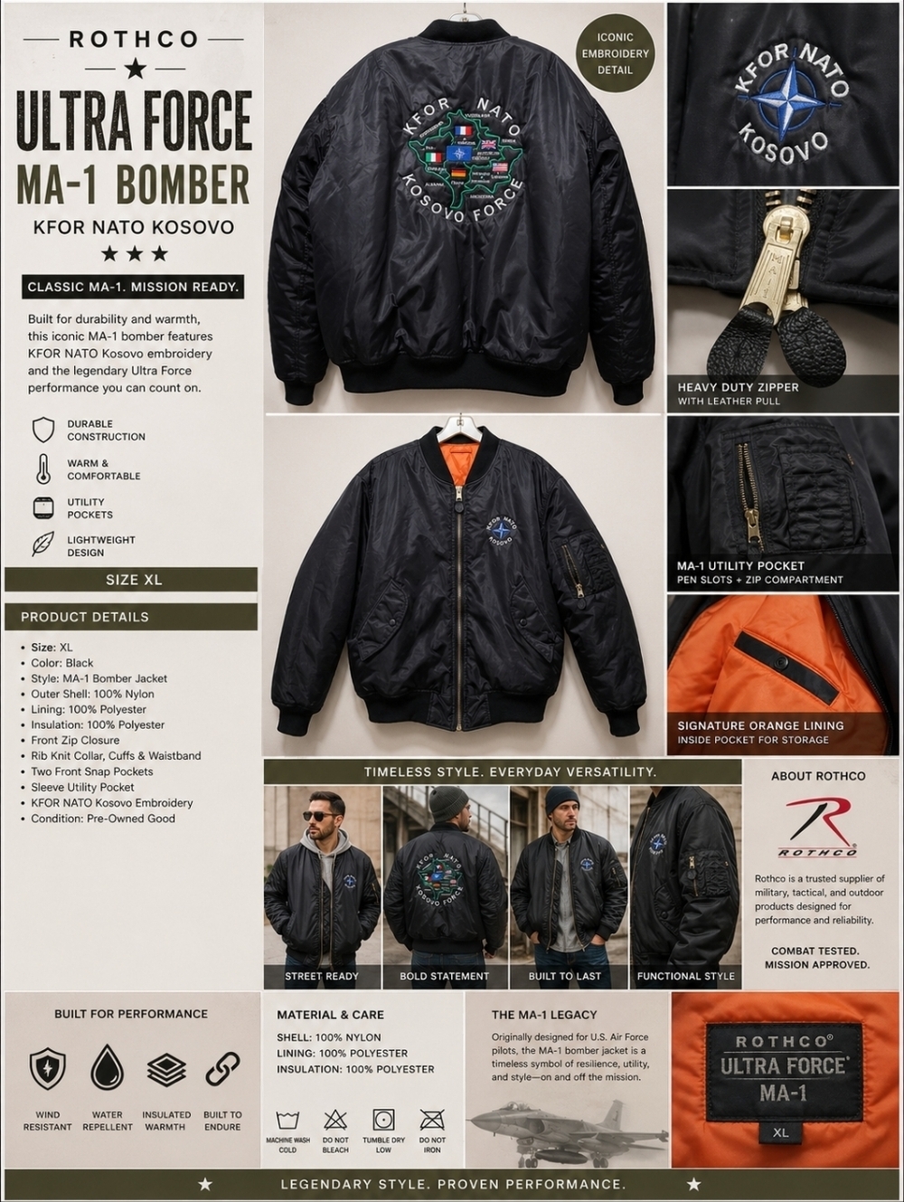 Rothco Ultra Force MA-1 KFOR NATO Kosvo Bomber Jacket - XL